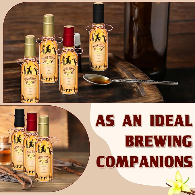 Tioncy 16 Pcs Empty Vanilla Extract Bottles for Homemade Vanilla Jar Glass Bottle with Cap, Shrink Band, Sticker DIY Crafts Wedding Gift Food Storage Canister for Bean(Black, Red, Gold,5 oz)