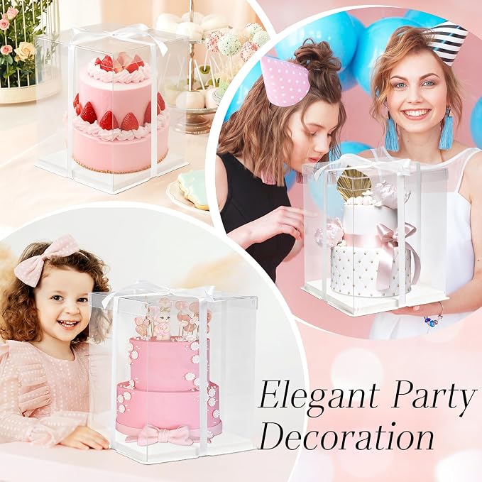 Ocmoiy 10x10x12Inch Clear Cake Box, 5 Pcs Tall Cake Boxes with Ribbon, Treat Transport Boxes for Wedding, Birthday, Party