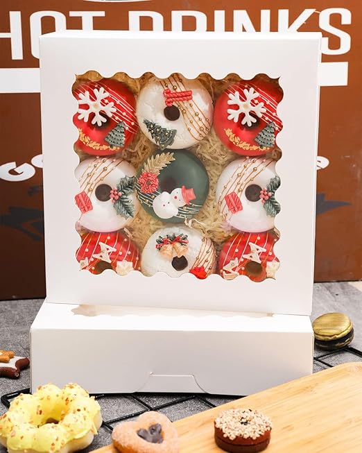 qiqee Auto-pop Up 90pcs White Pastry Box With Window Donut Pie Boxes 8"x8"x2.5" Bakery Box