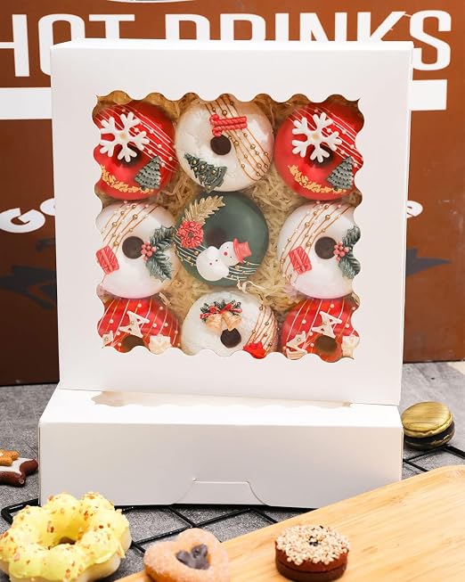 qiqee 10x10x2.5 Inch White Pie Boxes with Window 12Packs Cookie Donut Bakery Box (Auto-pop Up)