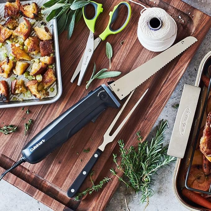 Cuisinart Electric Knife Set with Cutting Board, Electric Knife for Meat Slicing and Bread Slicing, Includes Bamboo Cutting Board for Kitchen and Serving Fork, CEK-41, Stainless Steel/Black