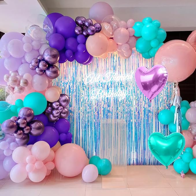 157Pcs Mermaid Balloons Garland Arch Kit with Fringe Curtain for Girl Princess Woman Birthday Engagement Wedding Bridal Baby Shower Under the Sea Party Decorations