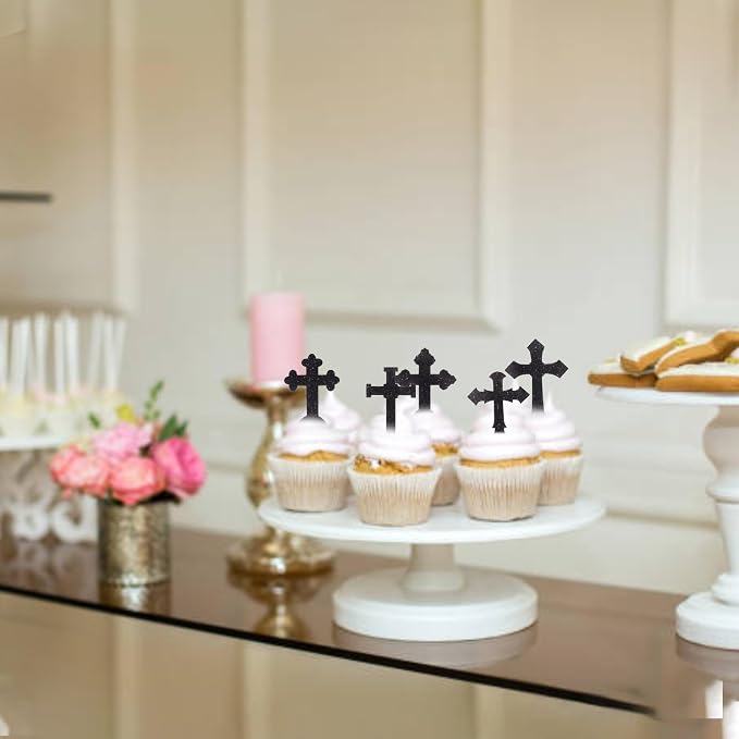 60 PCS Edible God Bless Cross Cupcake Toppers Christian Baptism God Bless Cupcake Picks Edible Cross First Communion Cake Decorations for Religious Theme Baby Shower Birthday Party Supplies Black