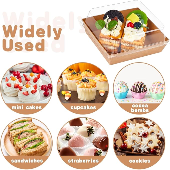 Kucoele Charcuterie Boxes with Clear Lids, 4 Inches100 Pack, Brown | Disposable, Paper, Oil-Proof, Food Containers, For Sandwich, Cupcake, Dessert, Cookie, Chocolate Covered Strawberry