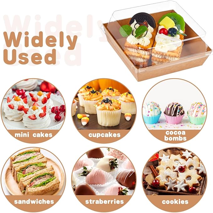 Kucoele Small Charcuterie Boxes with Clear Lids, 4 Inches, 50 Pack, Brown | Disposable, Paper, To Go Food Containers, For Cookie, Cake Slice, Mini Cake, Bakery, Dessert, Chocolate Strawberry