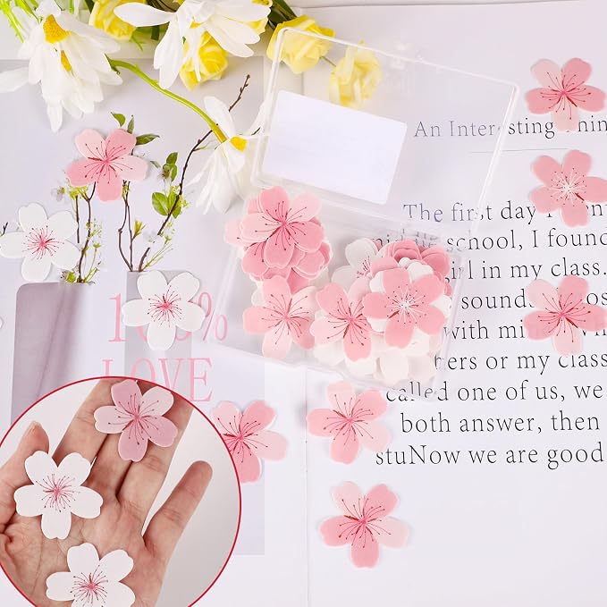 Edible Flowers Cake Decorations - Edible Flowers Set of 60PCs, Edible Cherry Blossom Cake Decorations Wafer Paper Flower Cupcake Toppers for Wedding Birthday Party (White & Pink)