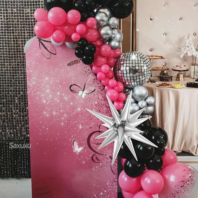 Disco Balloon Arch Kit, Hot Pink Black Balloons Garland Arch Kit, Star Foil and Disco Foil Balloons, Hot Pink Silver Black Balloon For Birthday 8090 Theme Party Wedding Bridal Shower Anniversary