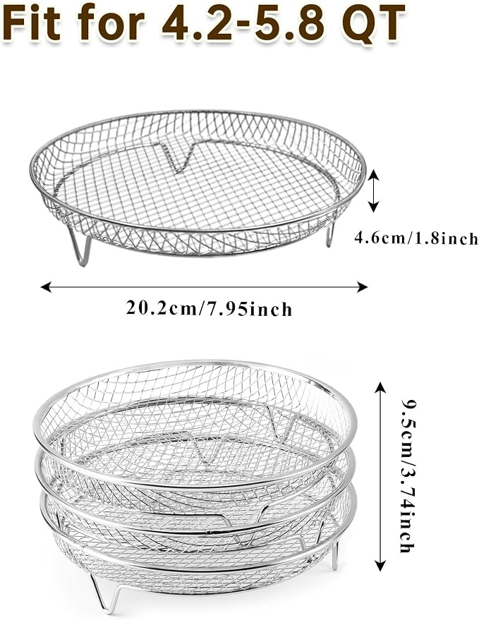 7.95 Inch Air Fryer Rack Set of 3 - Compatible with 4.2-5.8 QT Air Fryer, Stackable Stainless Steel Air Fryer Basket Accessories for Baking Oven Steamer, Round