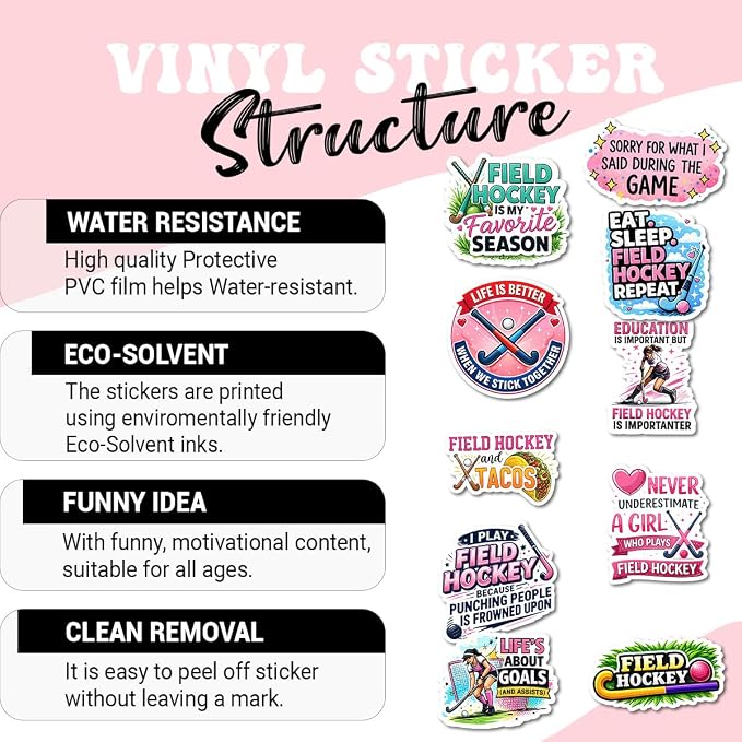 10pcs Field Hockey Stickers Gifts for Field Hockey Players Teams Multiple Different Design, Waterproof UV-Resistant for Water Bottle, Laptop, Window, Car