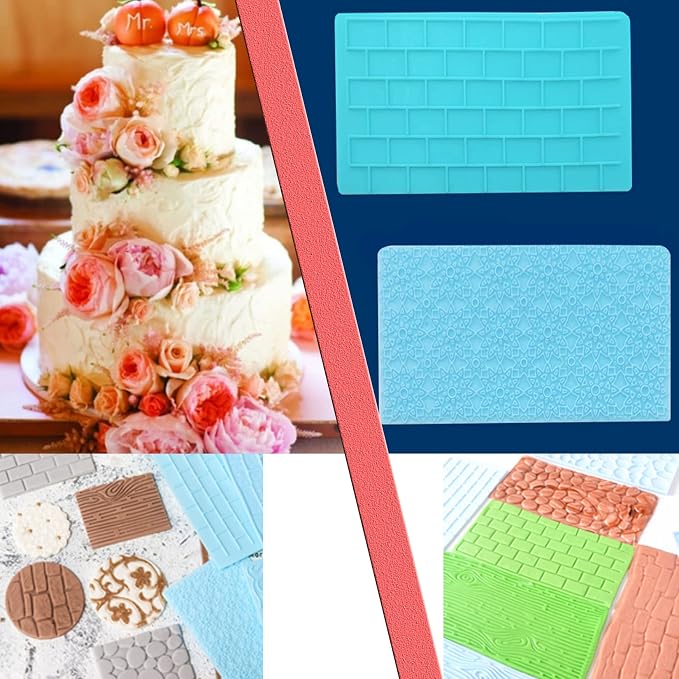 6 Pack Fondant Impression Mat Set Cake Decor Mold Set-Embossed Tree Bark/Flower/Cobblestone Texture Design Sugarcraft Decor Tool for Chocolate Cupcake Topper Wedding Cake(Blue)