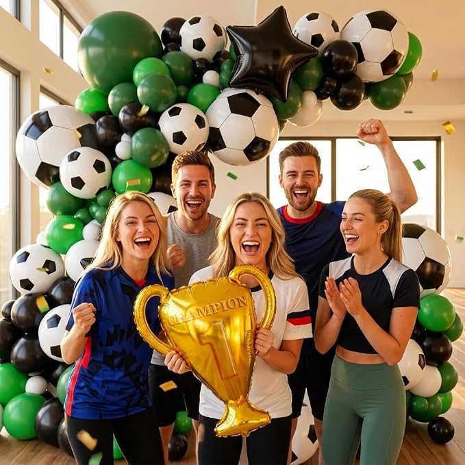 Soccer Balloons Garland Arch Kit 150Pcs - Black and White Dark Green Balloon and Trophy 18 inch Soccer Foil Balloons for 2026 World Football Sports Theme Birthday Anniversary Party Decoration