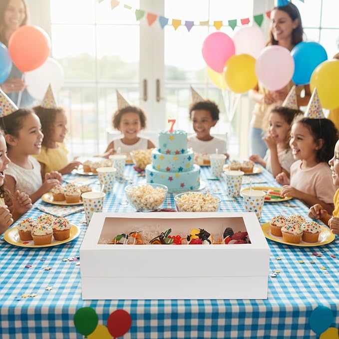 Moretoes 10pcs 14x10x4in Sheet Cake Boxes with Cake Board, White Rectangle Bakery Boxes with Window, for Quarter Sheet Cakes, Donuts, Cupcakes, Brownie&Pie