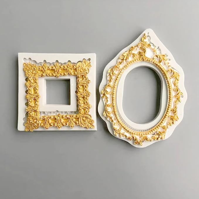 Silicone Mold Kit,Square Oval European Retro Pattern Photo Frame Silicone Mold Fondant Clay Plaster Decor Modeling Tool for Baking 13.5x10.5x0.8cm
