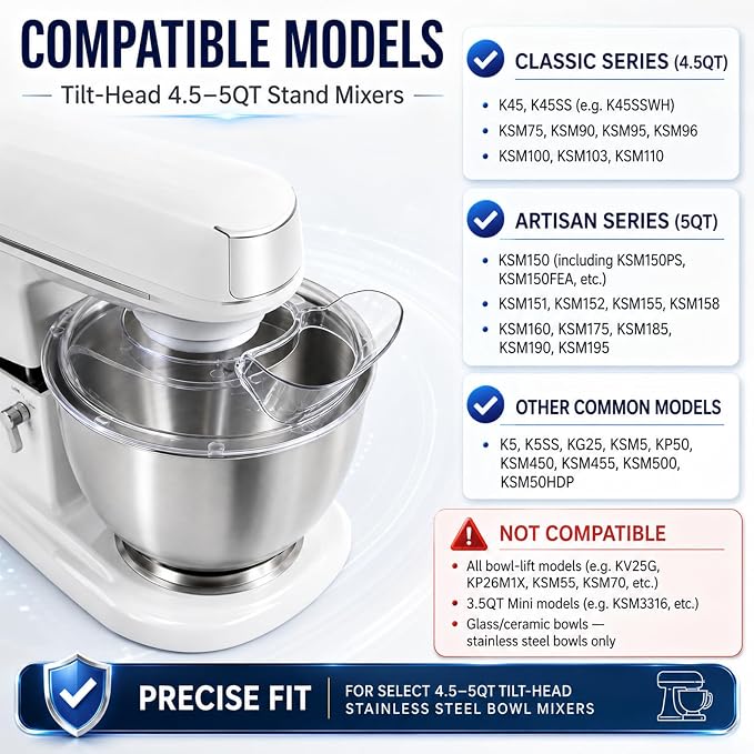 Stainless Steel Pouring Chute with Splash Guard Bowl Lid Combo, Replacement Accessories Fit KitchenAid 4.5-5 Quart Tilt Head Stand Mixer,Anti-Spill Bowl Cover & No-Mess Pour Guide Mixer Attachments