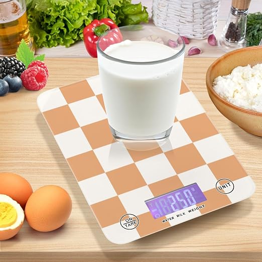 Checkered Orange and White Food Scale Kitchen Scale for Baking Cooking Digital Food Weighing Measuring Scale Small Waterproof Electric Food Scales Grams and Ounces for Weight Loss