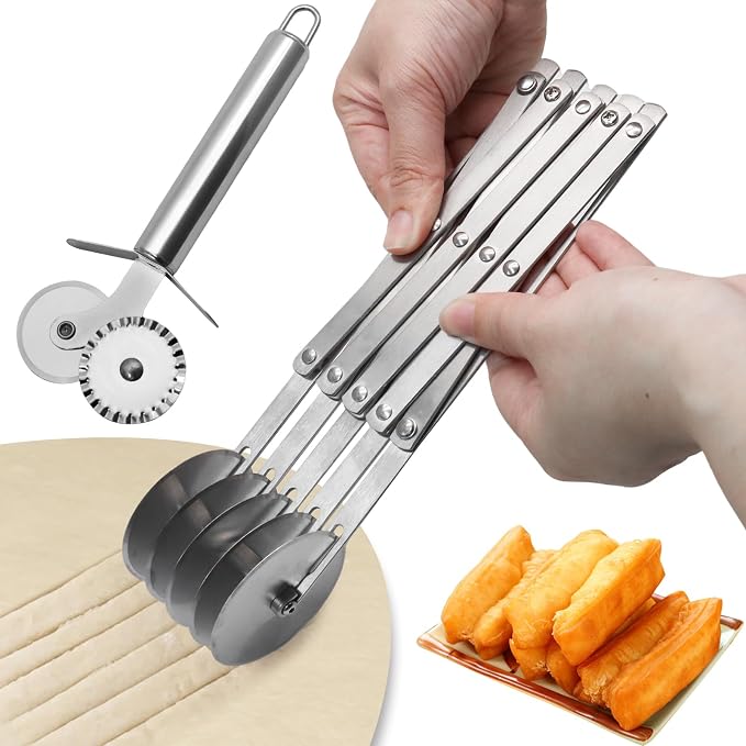 5 Wheel Pastry Cutter, Stainless Steel Expandable Dough Divider & Cinnamon Roll Cutter for Pasta, Pizza, Brownies - 2-Pack Multi-Use Baking Tool