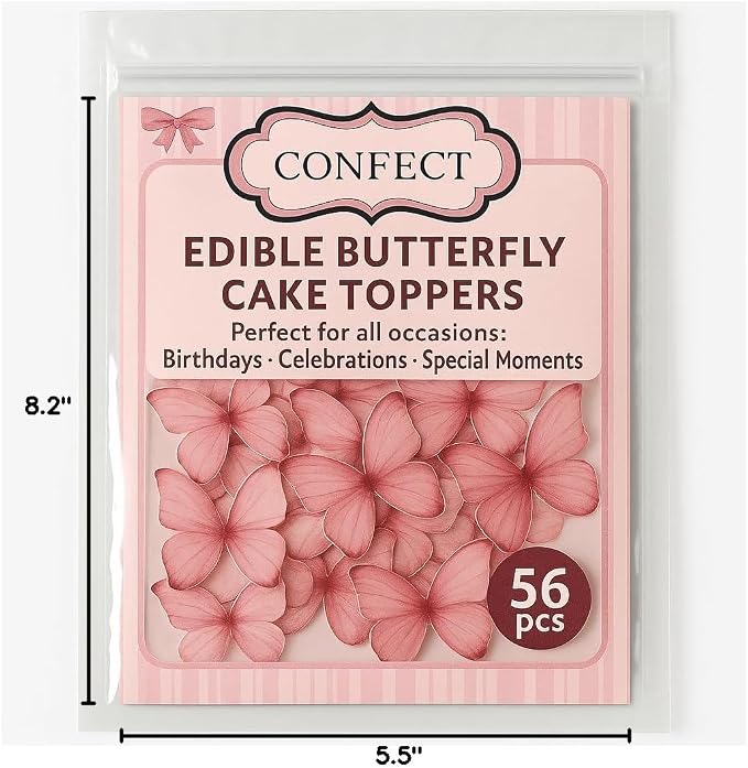 Confect Edible Wafer Paper Butterflies Set of 56 (1.77 x 1.18 Inch Per Buttefly) – Colorful Pink Butterfly Cake Decorations, Cupcake Toppers for Birthday, Wedding, Party – Edible Butterfly Toppers