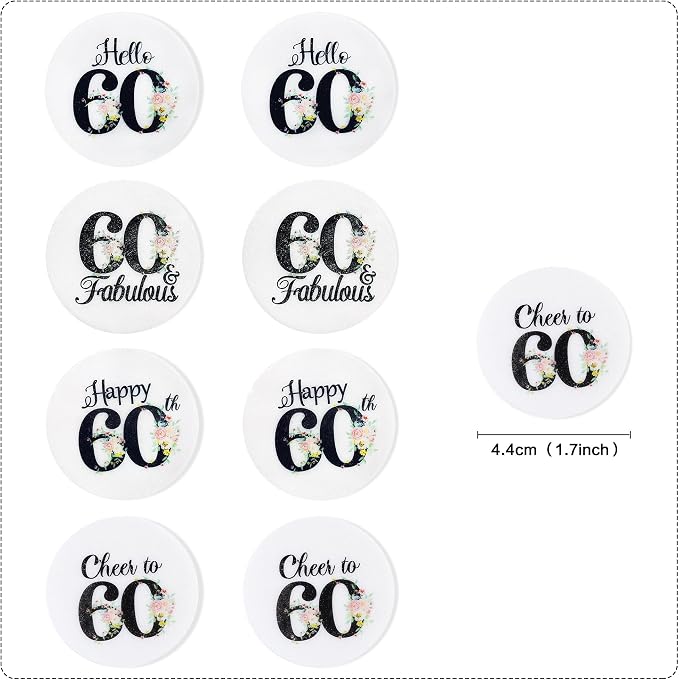 40Pcs Edible Circle Happy 60th Birthday Cupcake Toppers Edible Floral Hello 60 Fabulous Cheers to 60 Cupcake Picks Drink Toppers for Funny Female Floral 60th Birthday Party Decorations
