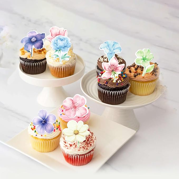 60 PCS Edible Flowers Cupcake Toppers Wafer Paper Daisy Rose Flower Cherry Cupcake Toppers Edible Flowers Cake Decorations for Baby Shower Wedding Birthday Valentine's Day Party Decorations Supplies