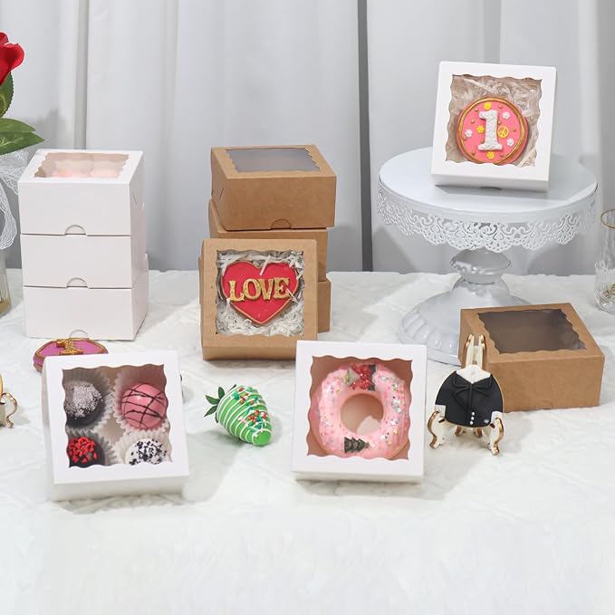 50-Count 4x4x2 Inches Food-Safe Elegant White Bakery Boxes - Multi-Use Pastry & Treat Packaging for Cookies, Truffles & Wedding Favors (Stackable Gift Boxes for Cakes, Pies & Cinnamon Rolls)