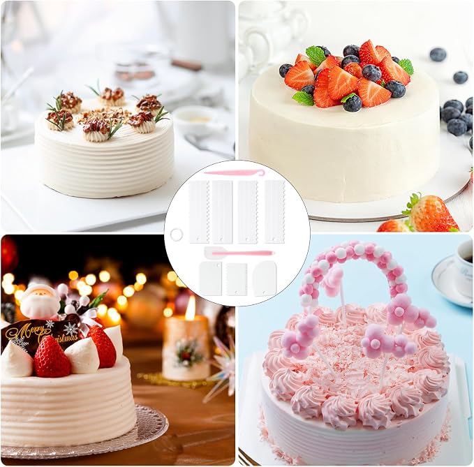 9PCS Cake Scraper Set with Cake Scraper Smoother Set, Adjustable Icing Scraper Polisher Tool, Cake Decorating Comb, Icing Smoother Plastic Sawtooth,Cake Icing Kitchen Baking Cake Edge(White)