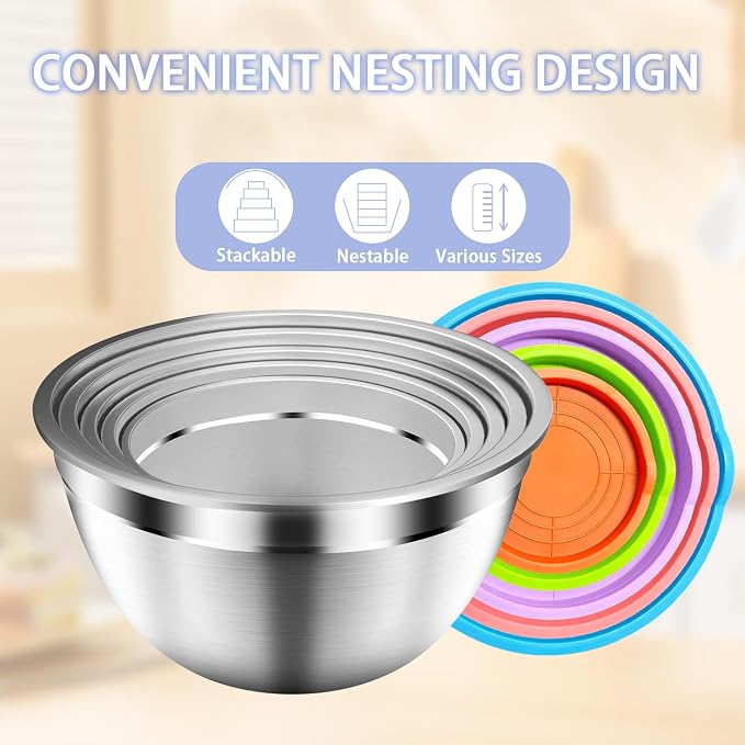 Mixing Bowls with Airtight Lids Set, 5 PCS Stainless Steel Colorful Nesting Bowls for Kitchen, Large Prep Metal Mixing Bowls for Kitchen, 5.5/4/3.5/2/1.5 QT for Mixing & Serving