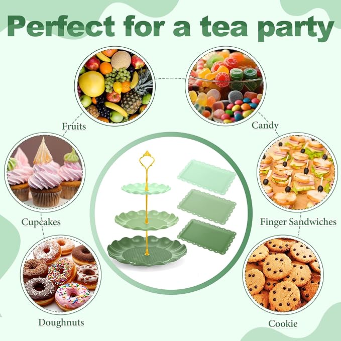 FoldTier 6 Pack Cupcake Stand Set 3 Pcs 3 Tier Gradient Dessert Table Display Stands Cookie Tray Rack 3 X14 in Rectangle Party Trays for Wedding Birthday Tea Party Baby Shower(Green,Round)