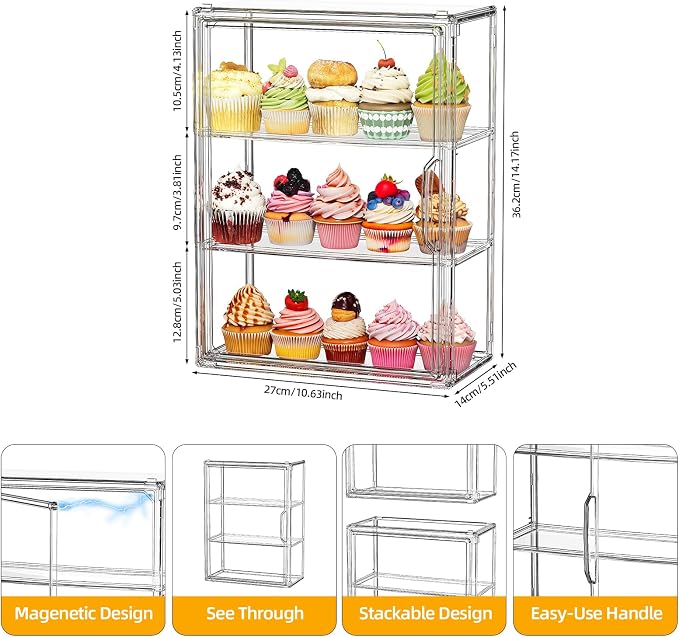 3 Tier Cupcake Stand Acrylic Cardboard Cupcake Tower Holder, Dessert Pastry Cookie Display Stand Case with Lid for Birthday Wedding Party Decoration, Large Adjustable Bread Box, M