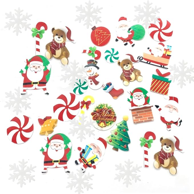 64PCS Christmas Edible Cake Topper Decorations Santa Claus Snowflakes Cupcake Toppers Wafer Paper