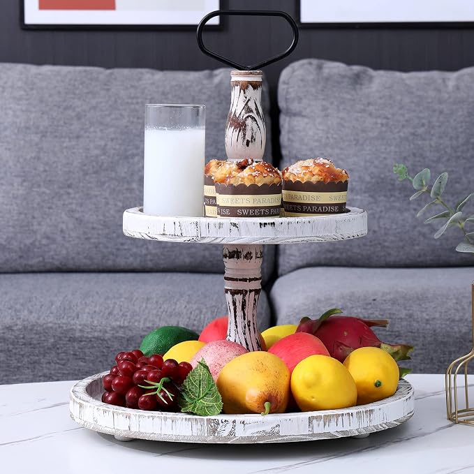 Tiered Tray Two Tier Trays Round Rustic Cupcake Stand,Serving Cakes Holder with Handle for Living Room,Party