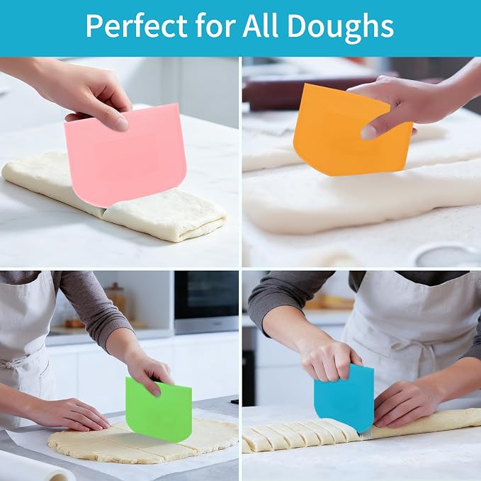4 Pcs Flexible Dough Scraper,Sourdough Scraper,Pastry Cutter for Sourdough, Multifunctional Kitchen Scraper Tool, Baking, Bread Dough Cutter, Cake Smoother for Icing(4 Colors)