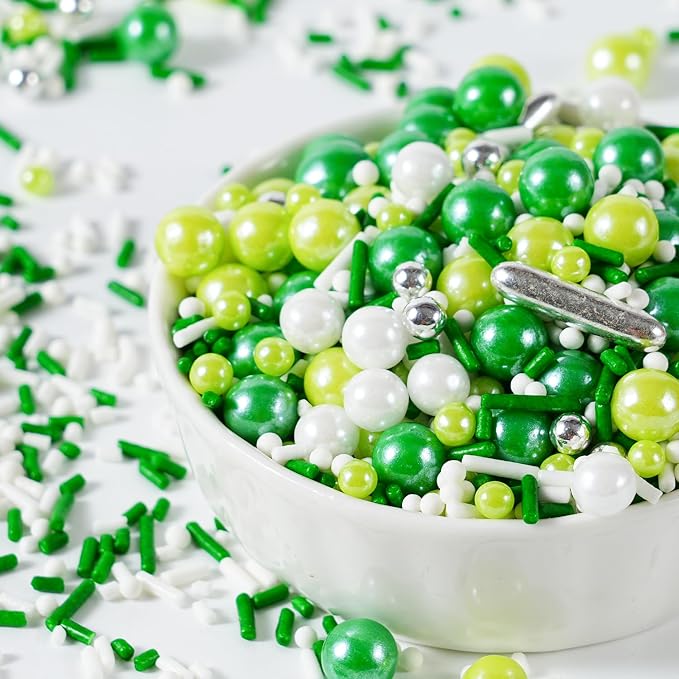St. Patrick’s Day Sprinkles - 7oz Green and White Silver Pearls Nonpareils Jimmies Metallic Sprinkles for Cake Decorating, Cookie, Cupcake Topper, Spring St Patty's Day Baking Supplies