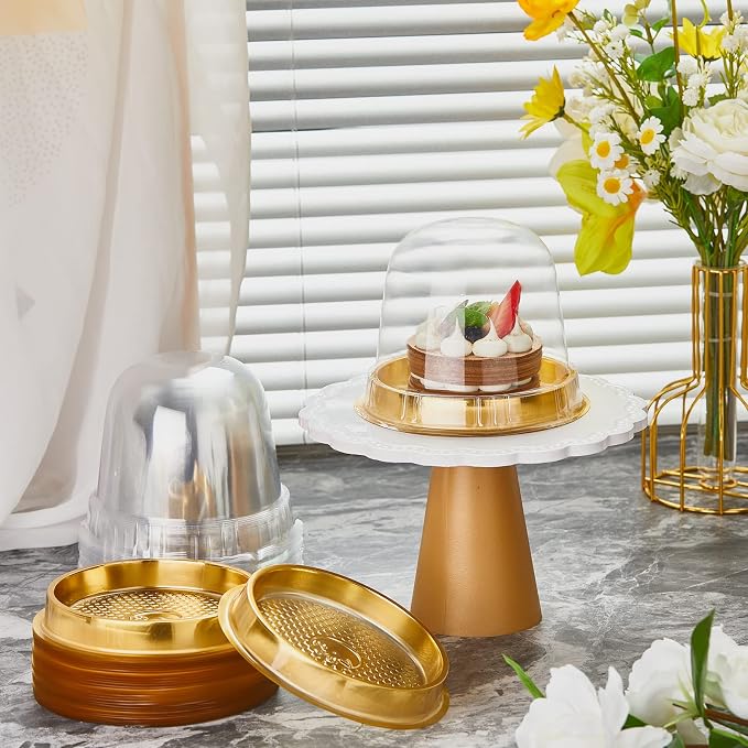 Mimorou Individual Cupcake Boxes Clear Plastic Cupcake Containers Disposable Single Holder with Lid Tall Cake Carrier 5.3 Inch Diameter 4.3 Inch Height with Stickers for Wedding(Gold,50pcs)