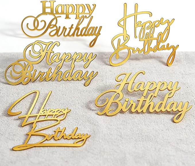 5Pcs Gold Acrylic Happy Birthday Cake Toppers Happy Birthday Sign for Cake Topper Decoration Supplies Party Celebration Toppers for Cakes Side Inserts Mirror Acrylic Glitter Cupcake Dessert Topper
