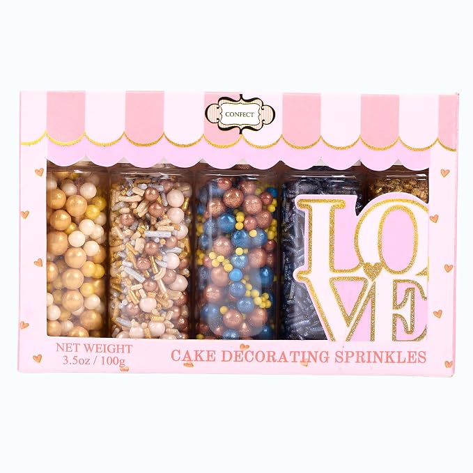 Confect Cake Decorating Sprinkles |Edible Pearl Sprinkles | Mix Gold White Blue & Yellow Pearl Dragees | Blue Jimmies | Gold Sparkling Sugar | Glam Sprinkles | Vegan, Gluten-Free, Nut-Free, Soy-Free, Dairy-Free, Palm Oil-Free - 5 Oz
