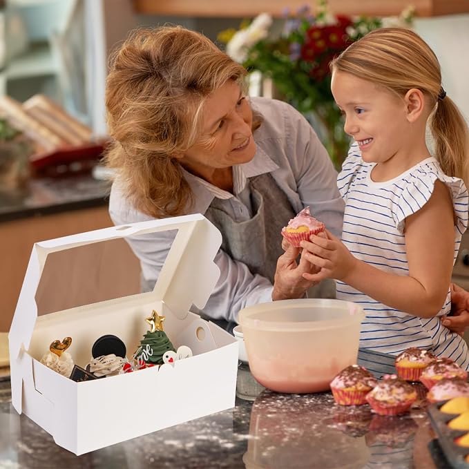 Yesland 30 Pack White Jumbo Cupcake Boxes, 6 Cupcake Containers with Windows, Handle Tray and Inserts, 10 x 6.8 x 4inch Tall Paper Cupcake Holder Carrier for Muffins, Standard or High Creams Cupcakes