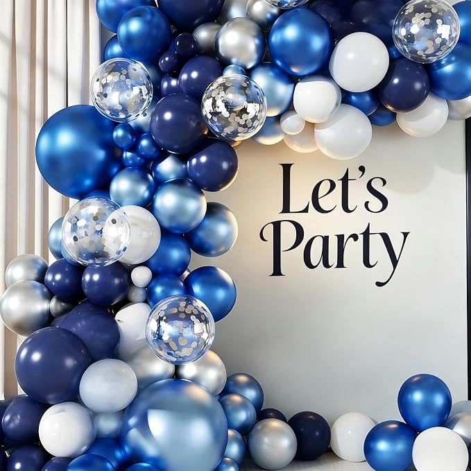 Blue White Silver Balloon Garland Arch Kit, 143 Pieces Navy Light Metallic Blue Silver White Confetti Balloons for Birthday Party Wedding Bridal Shower Graduation Decorations