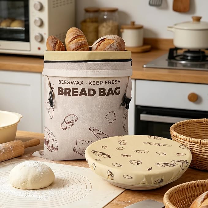 YARRAMATE Organic Beeswax Bread Bag & Bowl Cover Set, Reusable & Freezer Safe Bakery Essentials for Loaf Storage and Sourdough Proofing (17x13, 12 Inch)