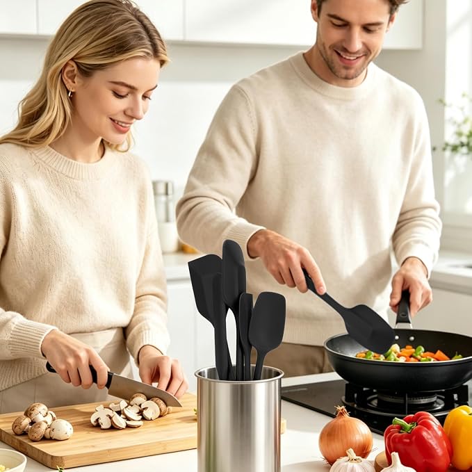 5-Piece Silicone Spatula Set for Baking, 446°F Heat Resistant Non-Stick Cooking Utensils, BPA-Free Food Grade Silicone Scrapers, Non-Scratch Flexible & Dishwasher Safe, Black