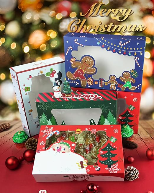 qiqee Christmas Cookie Box with Window 12x8x2.5 inch 12Packs Auto-pop up Two Uses One Second Folding Pastry Biscuit Bakery Box For Packaging