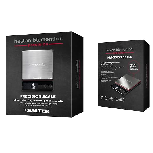Salter Heston Blumenthal Precision 1140A HBBKDR Digital Kitchen Scales - Premium Compact Baking/Cooking Scale, for Weighing Food/Coffee and Liquid, 0.5 g Increments, Slim, Stainless Steel/Black