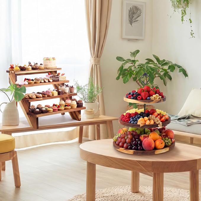 Willinglong 7 Pcs Wood Dessert Table Display Set Wooden 3 Tier Cupcake Stands Rustic Round Cake Stand Dessert Serving Trays Wood 4 Tiered Display Stands for Wedding Baby Shower Birthday Tea Party