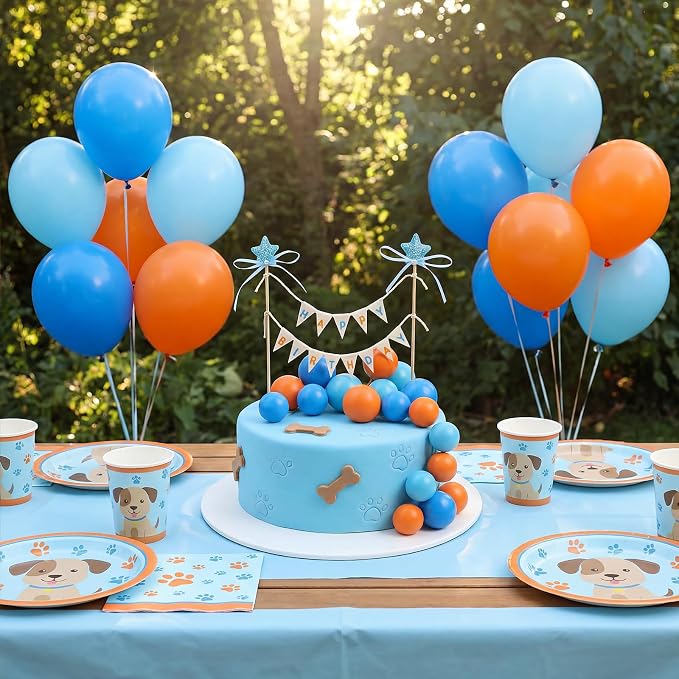 31 Pcs Happy Birthday Cake Topper Cake Bunting Topper Banner with Wood Pole Rainbow Garland with Bow Ribbon Balloon, Mini Cupcake Decor for Birthday Baby Shower (Blue Orange Paw Print)
