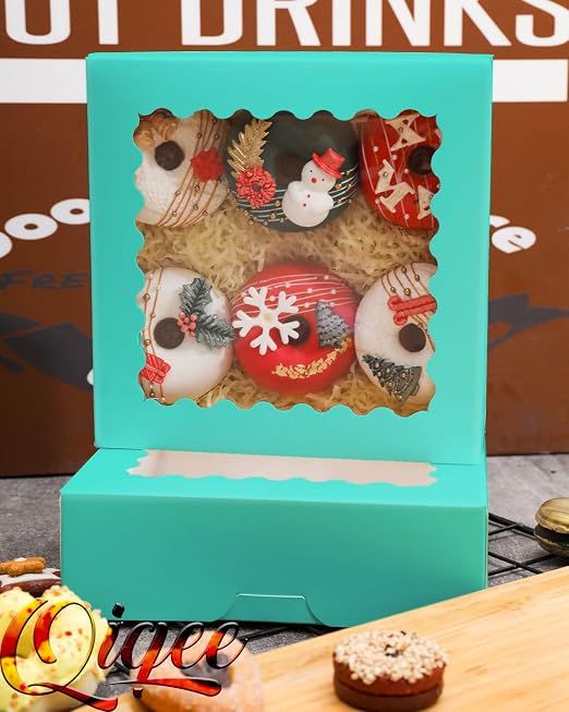 qiqee Mint Blue Pastry Box With Window 8x8x2.5 inch Donut Pie Boxes 30pcs Bakery Box Auto-pop up