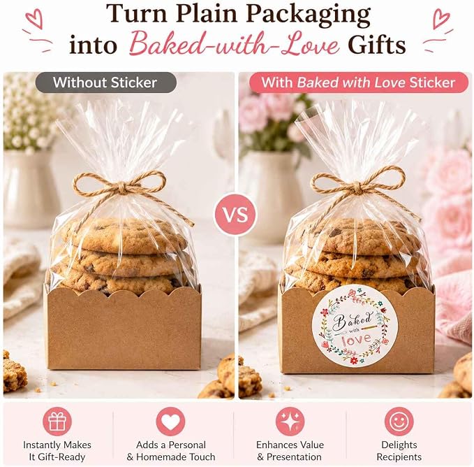 Baked with Love Stickers for Bakery Packaging: Matte Paper Floral Round Labels for Homemade Cookies Bread Cupcakes Treat Bags Small Business Packaging 120 Count 1.6 Inch