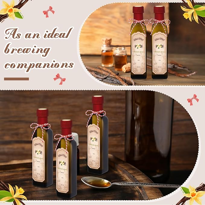 Tioncy 12 Pcs 8.5 oz Vanilla Extract Bottles for Homemade Vanilla Jar Amber Glass Square Bottle with Cap Shrink Band Sticker Syrup Food Storage Canister for Liquid Bean Sauce Spice Gift Giving(Red)