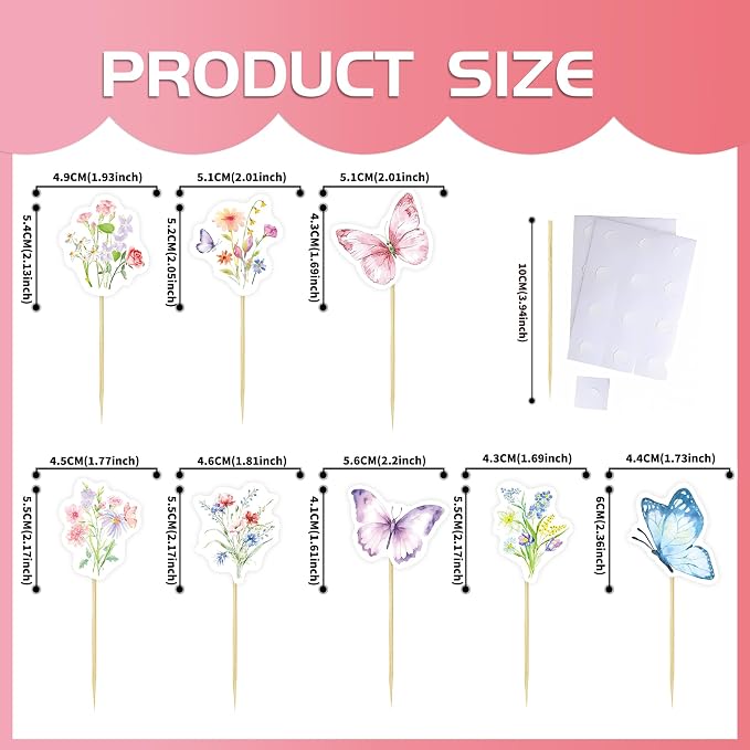 40 Pcs Wildflower & Butterflies Cupcake Toppers - 8 Styles, 5 Pcs Each - Non-Edible Cake Toppers for Wedding, Birthday, Party Decorations