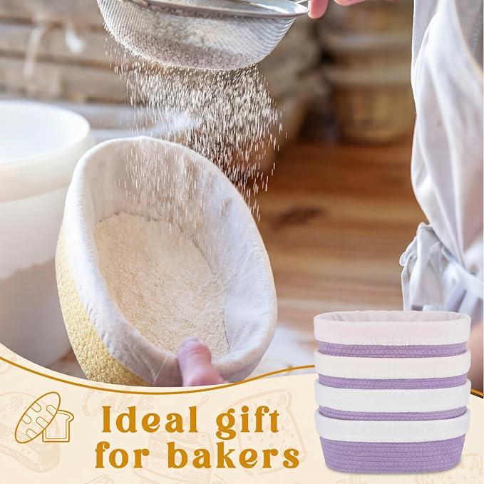4 Pcs 10 Inch Cotton Rope Banneton Bread Proofing Basket Set Oval Banneton Basket Sourdough Bread with Liners Covers for Baking Supplies (Purple)