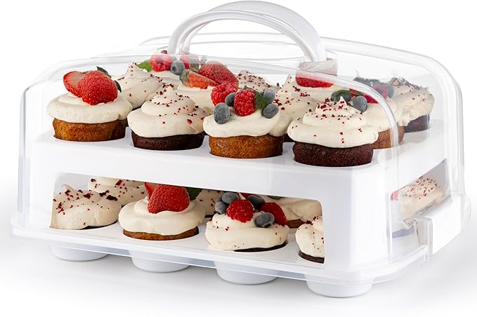EXTRA TALL DOME Cupcake Carrier, White Cupcake Holder Carries 24 Cupcake Storage Container, Muffin Traveler Two Tier Stand Reusable Cupcake Box