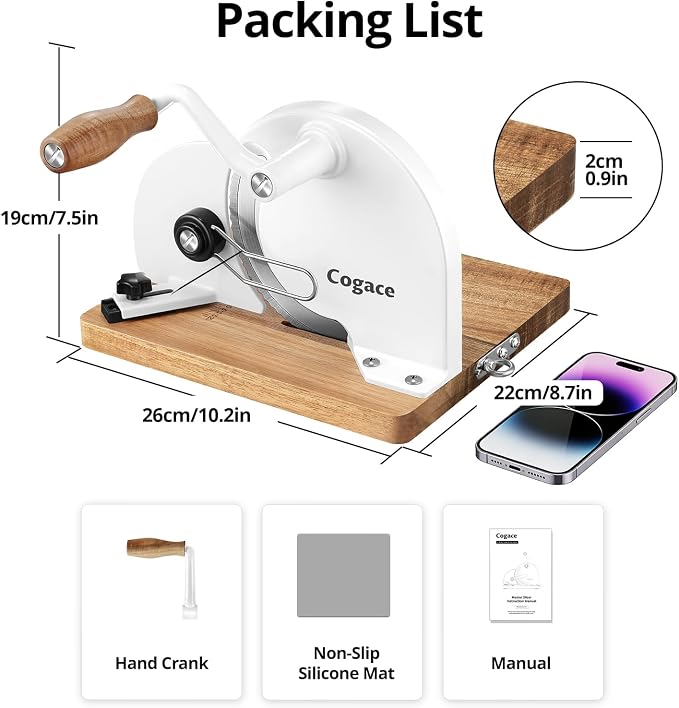 Foldable Manual Bread Slicer with German RSG Blade, Homemade & Sourdough Bread, Adjustable Thickness & Scale, Hand Crank Cutter, Durable Aluminum Alloy Body & Acacia Wood Base